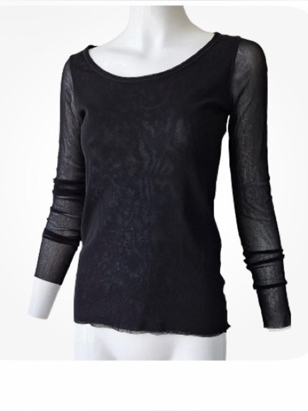 FUZZI Black Tulle/Mesh Scoop Neck Top  Long Sleeve , Lined Bodice Size S